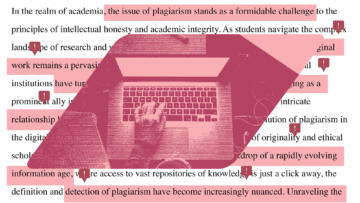Photo illustration featuring a vignette of hands working at a laptop set against a background of essay text that is highlighted and flagged